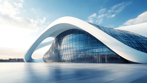 Curved white modern building with sweeping glass facade.