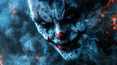 Sinister smoke-cloaked clown grinning through cold fire.