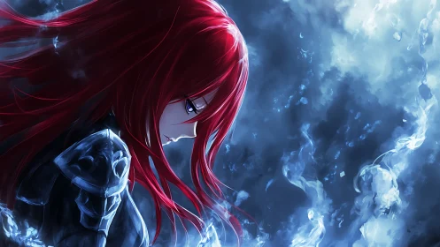 Red haired armored warrior in blue misty atmosphere.