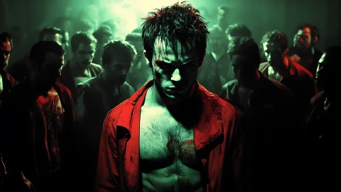 Bloodlit rebel bows under neon shadows of a watching crowd