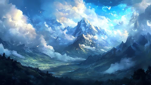 Layered alpine massif under volumetric clouds and diffused light