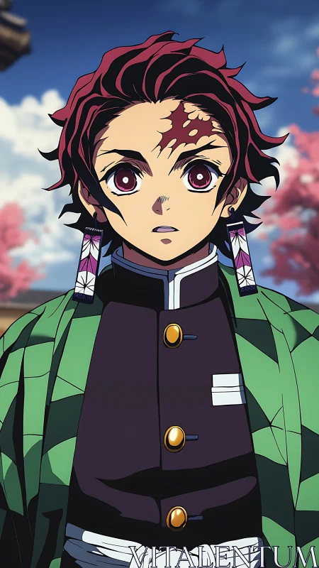 Scarred swordsman steadies his resolve beneath spring skies.