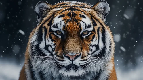 Front-facing Siberian tiger portrait in falling winter snow
