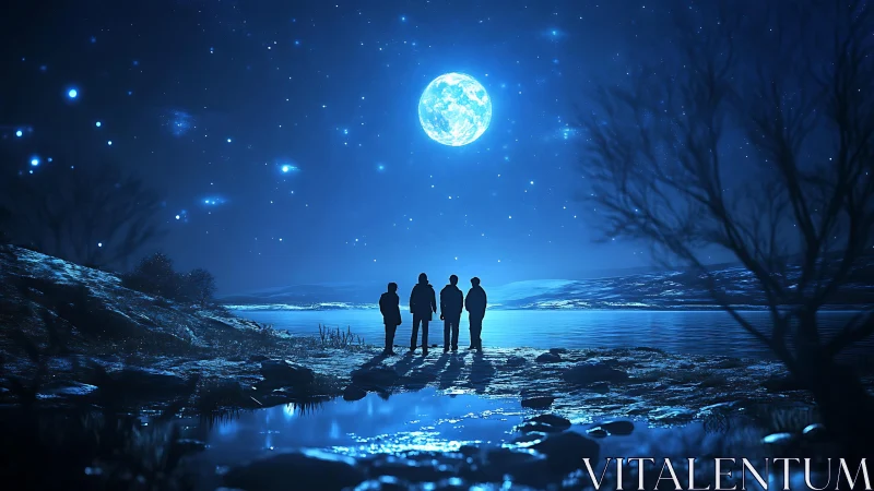 Four silhouettes stand by a moonlit lake under dense stars