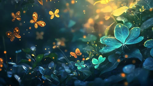 Bioluminescent butterflies over luminescent clover canopy at dusk.