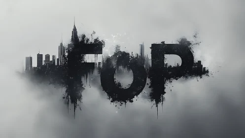Urban skyline in fog with bold FOP text overlayed.