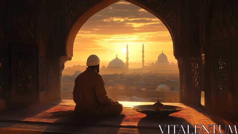 Solitary figure in archway overlooking domed city at sunset.