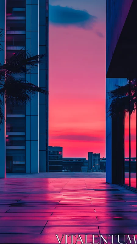 Neon sunset corridor between high-rises in reflective cityscape.