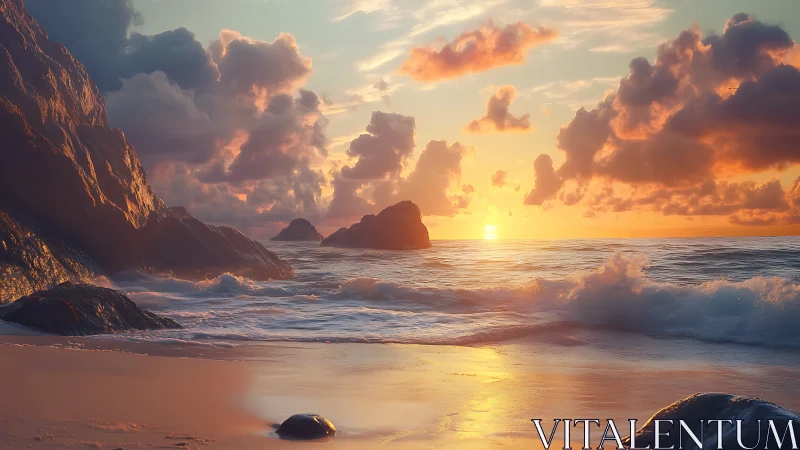 Sunlit waves wash rocky shore under glowing cloud sunset