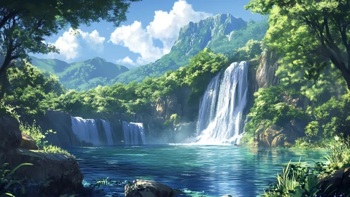 Digital painting of terraced waterfalls in sunlit forest basin.