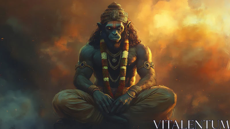 Serene monkey warrior resting in glowing, fiery twilight.