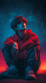 Neon side-lit youth in crouched pose under stylized starfield sky