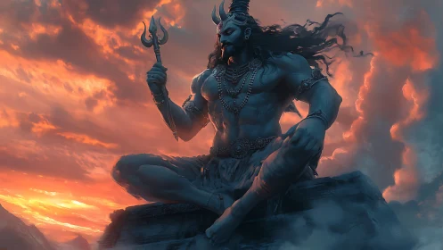Stormlit mountain deity in calm, fiery sky meditation.