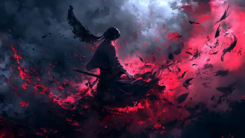 Lone swordsman commands swirling red and shadowed storm.