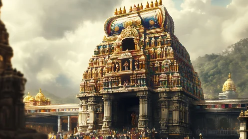 Sunlit South Indian temple gopuram rises before misty hills