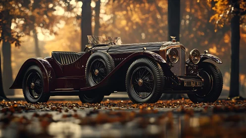 Vintage roadster gleams in a golden, foggy autumn forest drive