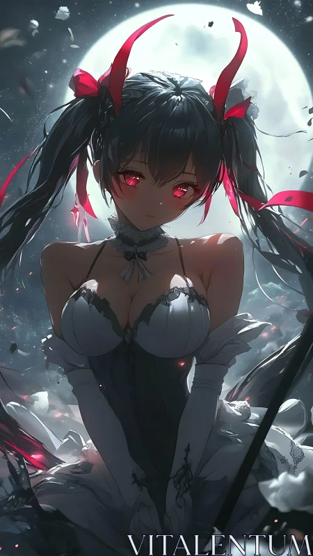 Moonlit gothic girl with glowing crimson eyes in white lace.