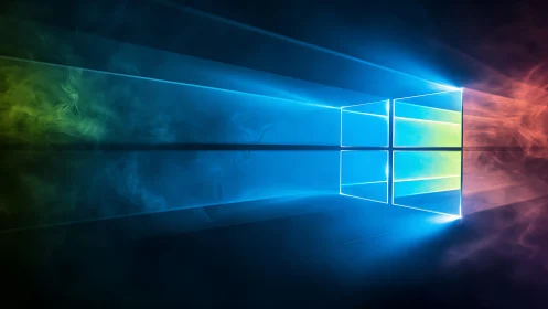 Colorful glowing window logo on dark reflective surface.