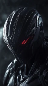 Armored black cyborg head with glowing red eyes in shadow.