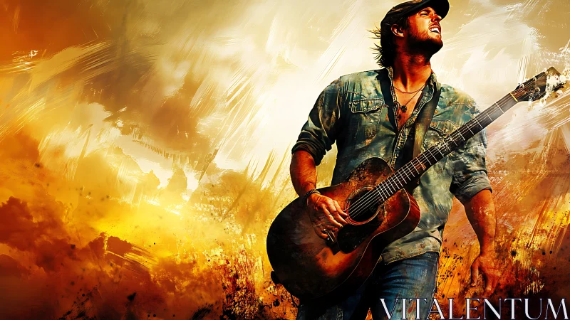 Gritty country guitarist stands against blazing abstract sky