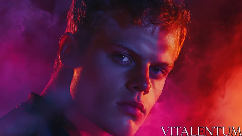 Male portrait with colored neon lighting and smoke effects.