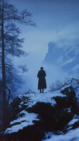 Digital painting of solitary figure on misted winter cliffside.