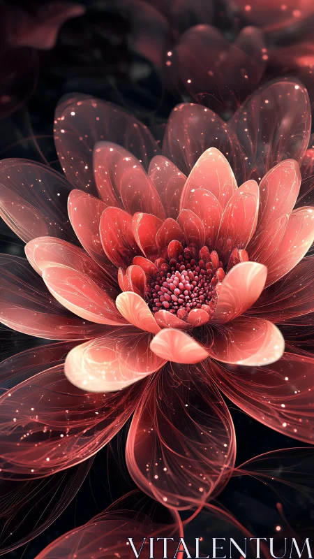 Digital painting of luminous crimson lotus with layered filaments.