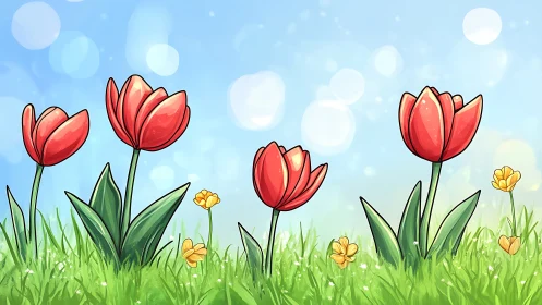 Spring Garden: Red Tulips and Yellow Flowers in Bloom.