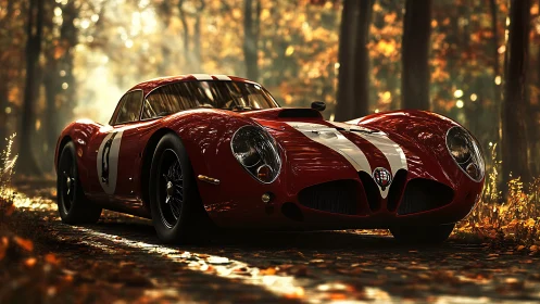 Classic red race car rests in warm, cinematic autumn light