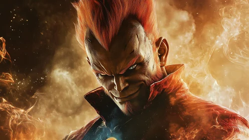 Smirking fireborn warlock leans into a storm of molten light