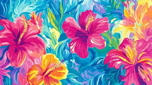 Vibrant Digital Hibiscus Garden with Dynamic Layered Floral Composition