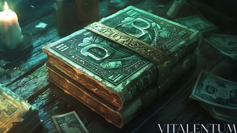 Arcane grimoire bound in brass amid scattered currency notes.