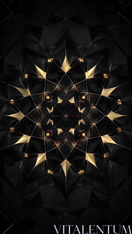 Golden geometric star blooms softly against deep shadowed black