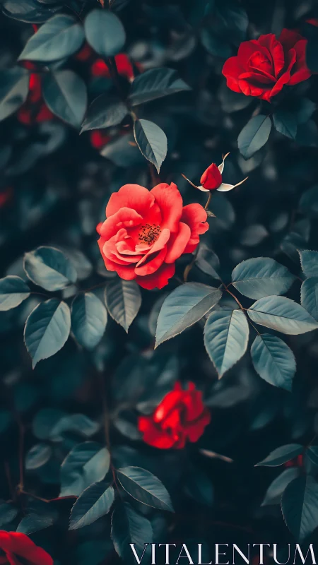 Red roses with dark foliage and selective focus composition.