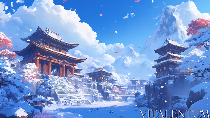 Snow covered mountain temple complex under clear blue sky.