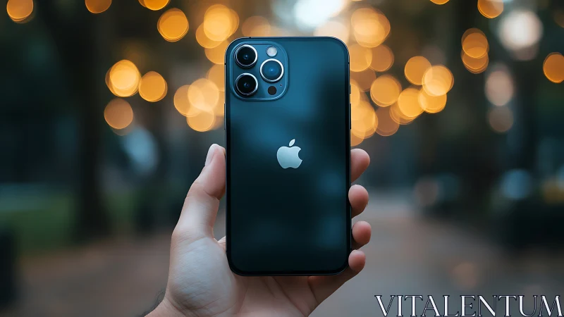 Deep ocean blue iPhone 12 Pro with quad-camera setup in bokeh ambiance