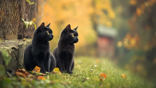 Dual Feline Subjects in Autumn Landscape Environment.