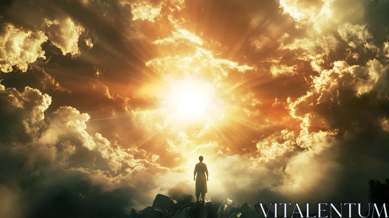 Backlit robed figure beneath radiant sunburst through clouds