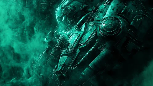 Emergent mech warrior in luminous toxic-green fogscape.