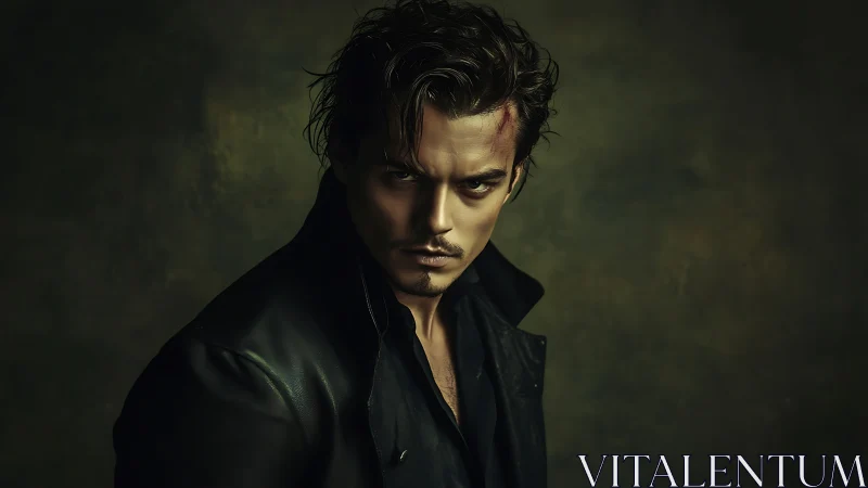 Moody low-key portrait of stern man in dark leather coat