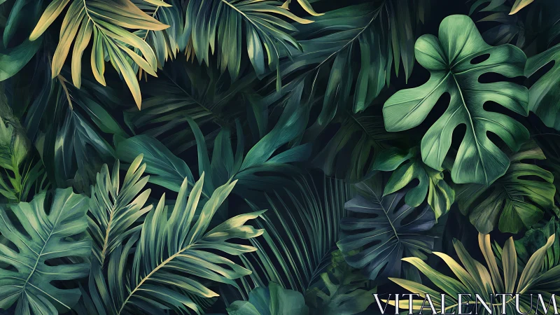 Dense tropical foliage fills frame with layered green leaves