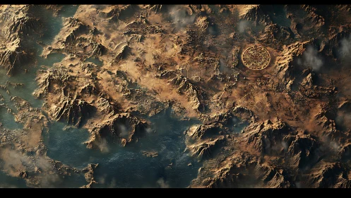 Ancient desert world map with luminous circular city gate.