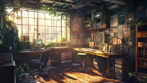 Sunlit creative studio filled with plants and cozy warmth.