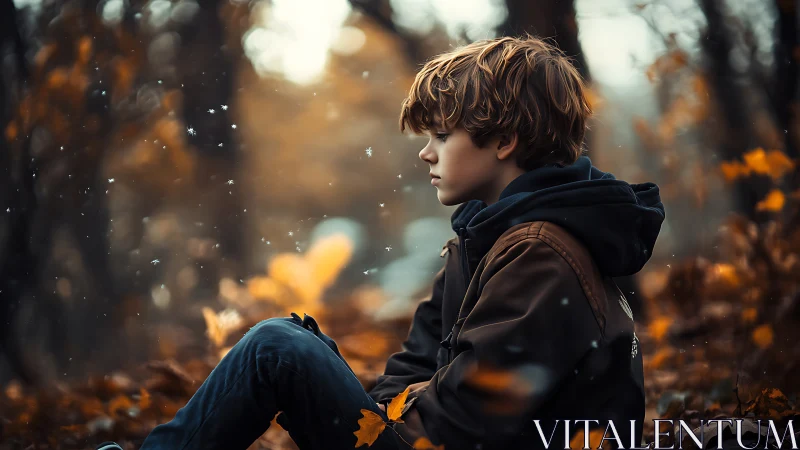 Photorealistic autumn portrait of pensive boy in forest setting.