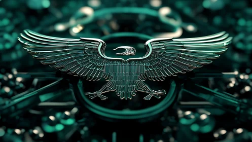 Metallic winged eagle emblem on dark teal mechanical field.
