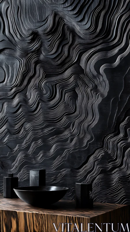 Sculpted black relief wall frames minimalist vessel on wood