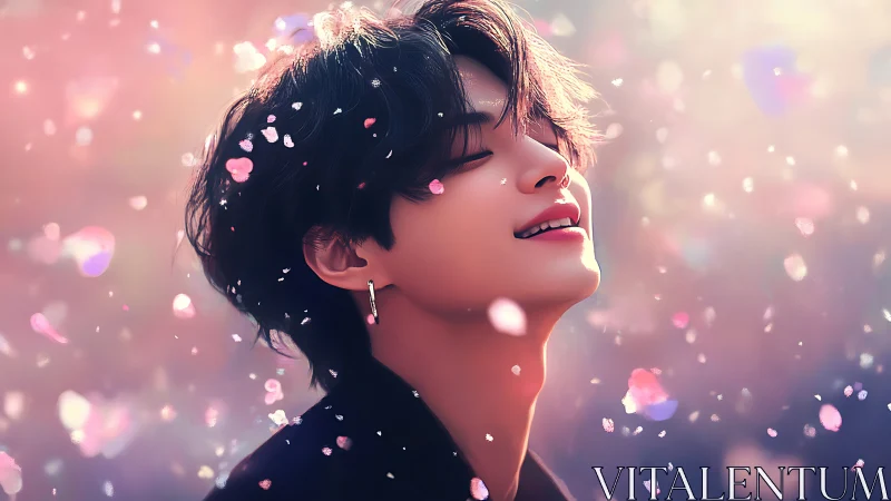 Petal-swept portrait of luminous youth in diffuse bokeh field.