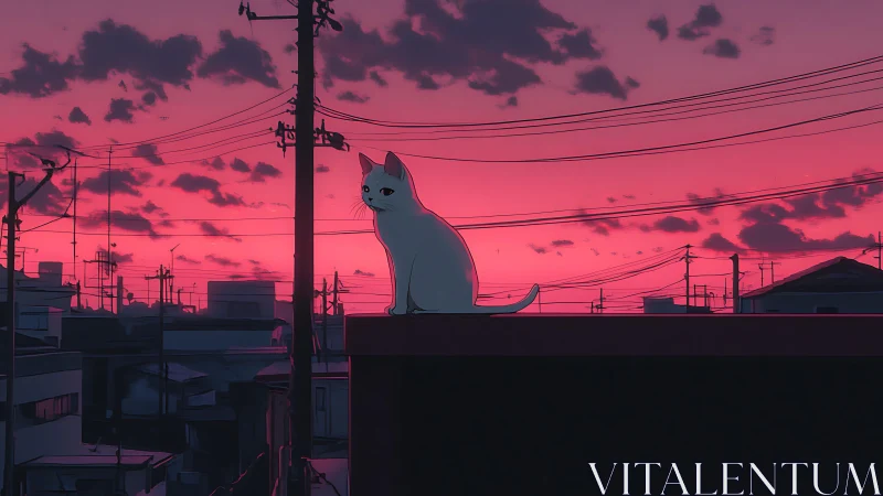 Rooftop dusk lets a quiet white cat rule the neon horizon