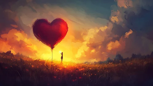 Figure stands beneath red heart-shaped balloon at sunset.