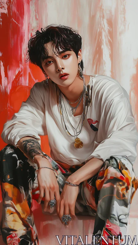 Paint splashed rebel in layered chains and molten colors.